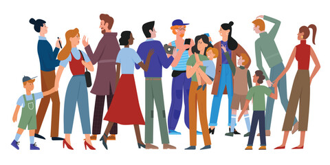 Fototapeta premium People walk in crowd vector illustration. Cartoon different ages and multiethnic diverse crowd group of man and woman characters in casual clothes walking, holding smartphone isolated on white