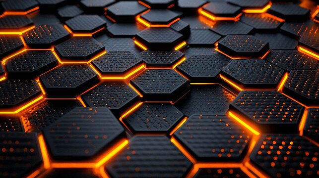 Futuristic technology background with a black carbon fiber hexagonal pattern and glowing orange lava-like energy