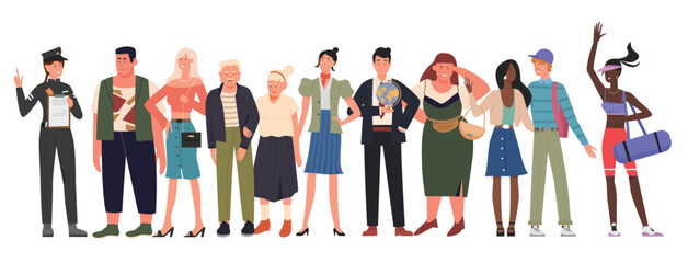 Fototapeta na wymiar Crowd of people, diverse citizen group vector illustration. Cartoon man woman characters of different race, profession and body type, age and clothing standing in row together isolated on white