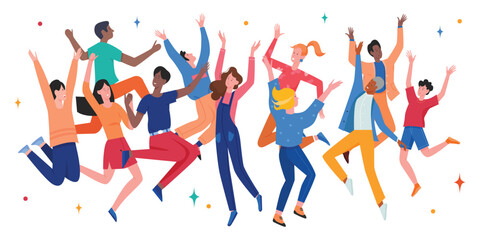 Happy people jump, enjoy and celebrate victory vector illustration. Cartoon excited teen characters jumping, young positive students have fun together, girls and boys friends dance isolated on white