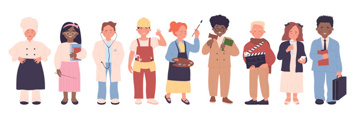 Kids of different professions, professional children vector illustration set. Cartoon funny boy girl child characters standing, chef teacher doctor worker artist singer businessman isolated on white