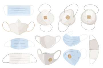 Medical surgical face masks set vector illustration. Cartoon safety protective respiratory hospital equipment to protect care health from dust and viruses, coronavirus prevention isolated on white