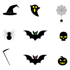 Halloween Icon Set – Witch Hat, Ghost, Bat, Spider, Pumpkin, Skull & Scythe Silhouettes | Spooky Vector Illustrations