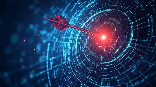 Red Arrow Hits Target in Abstract Digital Circuit Board Background Loop