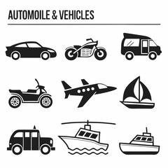 Transportation icons set car motorcycle van atv airplane sailboat bus boat yacht © Rabbi