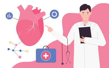 Medical cardiology examination, circulatory cardiovascular system checkup vector illustration. Cartoon cardiologist doctor character warning of heart disease risk, infographics medicine background