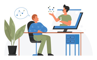 Online video tutorial lesson, remote education vector illustration. Cartoon student man character sitting at computer desk, studying remotely on videocall internet lecture or webinar isolated on white