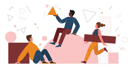 People organize abstract geometric shapes, circle square triangle vector illustration. Cartoon team of man woman characters holding figures, teamwork building project and organization background