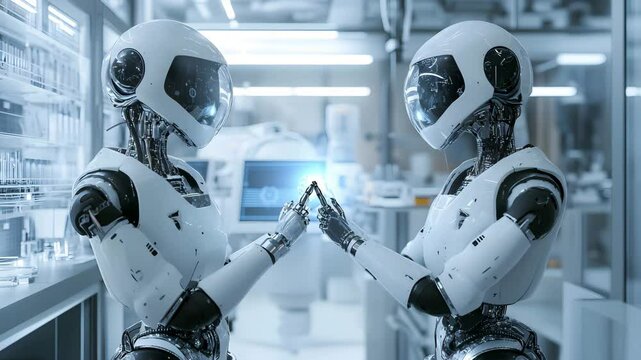 Two robots are discussing video talking robots video robots overlooking video robots talking video wo robots are meeting video two robots are talking video