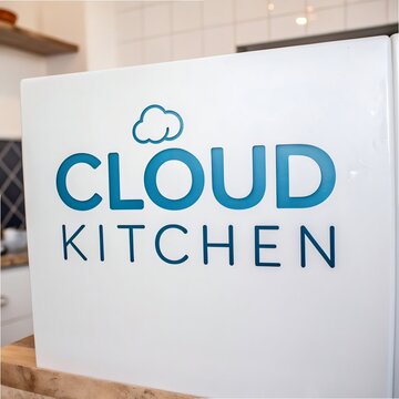Cloud kitchen sign with blue lettering and cloud icon in a modern space