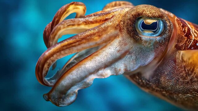 Close up photo of a cuttlefish swimming in a blue ocean revealing its unique textures fascinating eye and intricate patterns