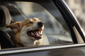Happy dog traveling by car. Pet left in the car interior and wait of owner. danger of pet overheating in a closed auto