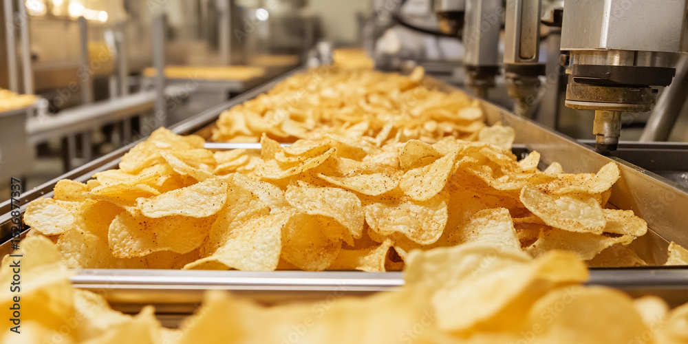 Poster freshly fried potato chips on production line display generative ai
