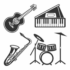 Musical instruments icons set guitar saxophone drums keyboard