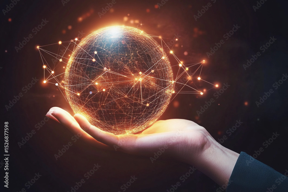Poster hand holding a glowing orb representing connection and light generative ai