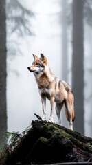 A tranquil minimalist scene captures a lone wolf in a foggy forest at daybreak. Soft hues and delicate details enhance the calm wilderness mood.