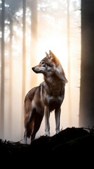 A single wolf stands motionless in a mist-covered forest at sunrise. The minimalist composition and soft light express serenity and untamed grace.