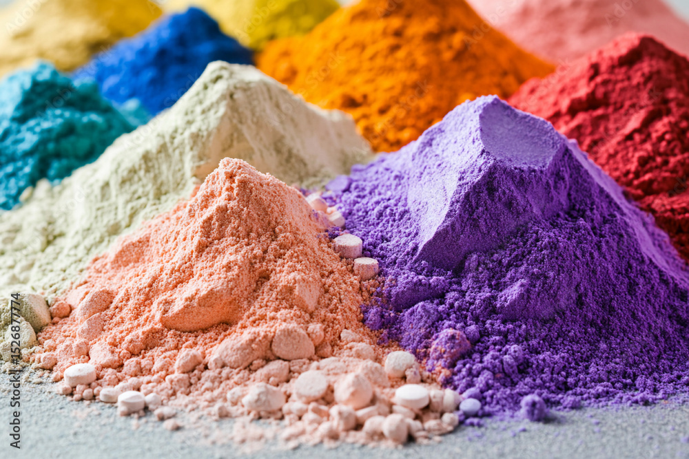 Poster colorful powdered substances arranged in vibrant piles generative ai