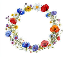 Watercolor Flower Wreath with Poppies, Cornflowers and Daisies - Floral Frame for Invitations, Cards, and Summer Designs (Isolated on White)