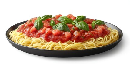 Plate of spaghetti with tomato sauce and fresh basil