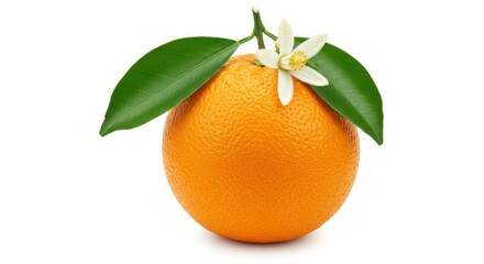 Fresh orange with green leaves and a white flower, showcasing vibrant colors against a clean background