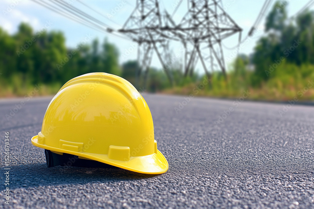 Poster yellow hard hat on pavement near power lines in daylight generative ai