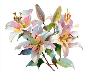 Watercolor Lily Bouquet Illustration - Delicate Floral Art for Spring, Summer, and Botanical Designs (Isolated on White Background)