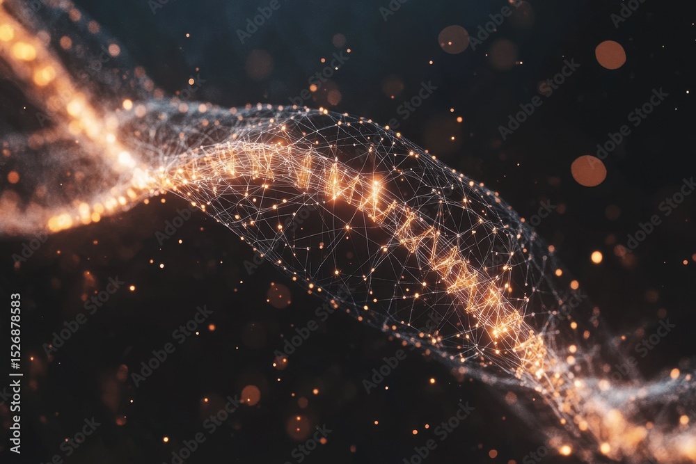 Poster exploring the connection between dna strands and digital data processing in a dark background, dna s