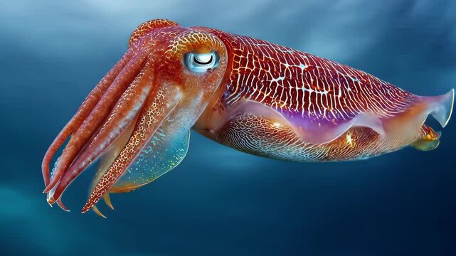 Orange cuttlefish swims elegantly in deep blue waters Marine life exhibits striking colors and unique patterns underwater creating an eye
