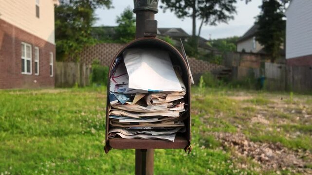 Overflowing mailbox in front of empty suburban lot