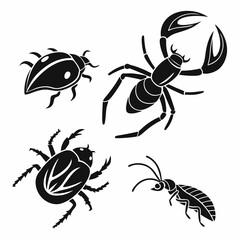 Black silhouettes of various insects bugs
