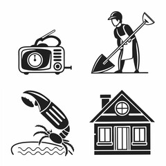 Professional black icons set radio house crab shovel