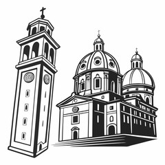 Professional church bell tower and basilica illustration