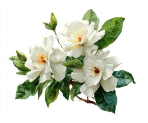 Elegant Watercolor Gardenias on White Background - Botanical Illustration for Floral Designs and Springtime Themes (Isolated, Detailed)