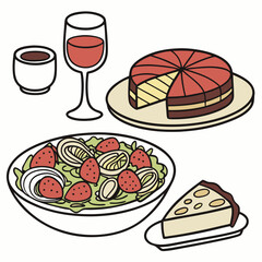 Delicious strawberry salad cake wine coffee dessert