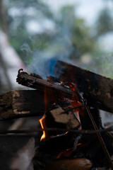 Close-up of a burning campfire with flames, smoke, and wood