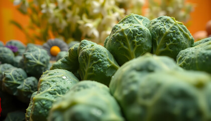 Harvesting fresh brussels sprouts local farm food photography vibrant environment close-up view organic concept