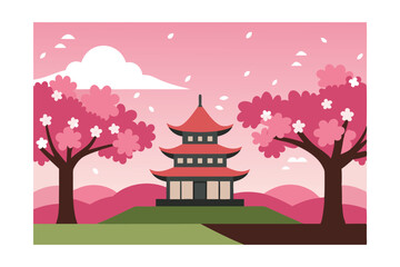 Fototapeta premium Serene Cherry Blossom Pagoda A Peaceful Asian Temple Scene