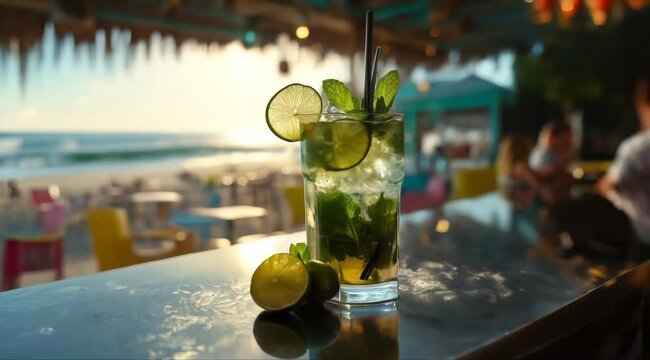 Refreshing cocktail with lime and mint at beachfront bar Generative AI