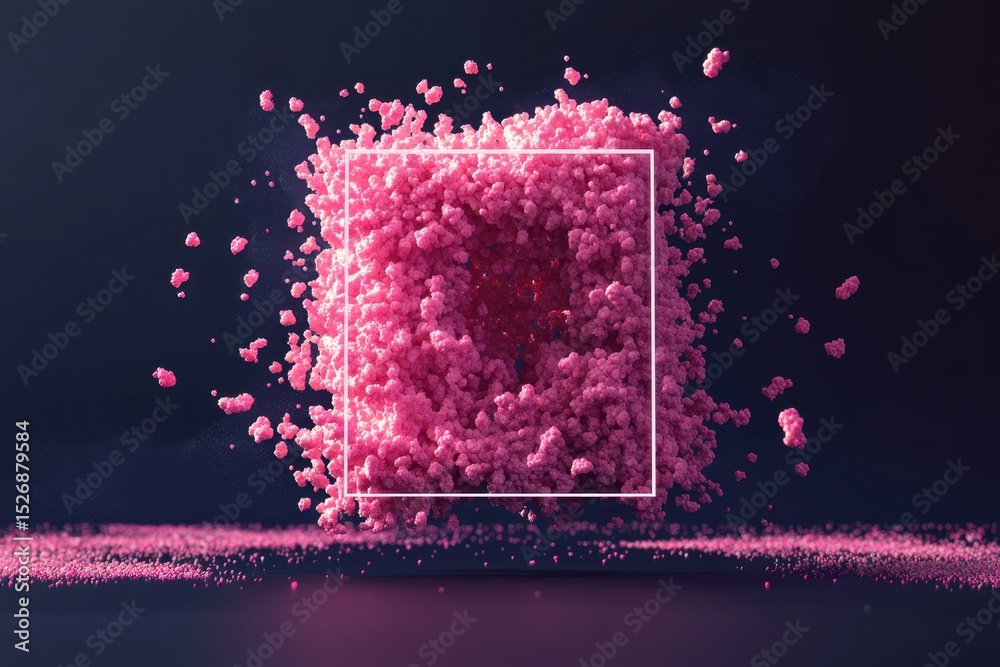 Poster abstract formation of pink particles within a square frame highlighting dynamic movement, 4k abstrac