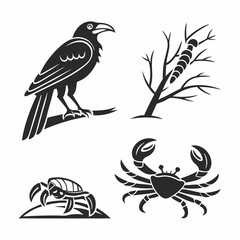 Professional vector set isolated animals crow crab hermit caterpillar