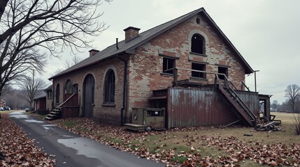 Abandoned Building Surrounded by Fallen Leaves