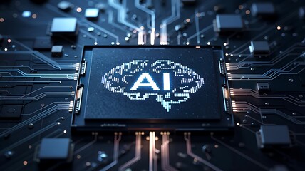 A close up shot of a computer chip with an ai brain design on it and circuit board details