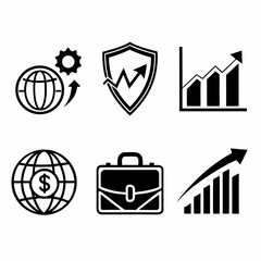 Global business growth success strategy icons set