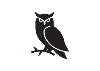 Cute black cartoon feline kitten and owl vector illustration on a white background