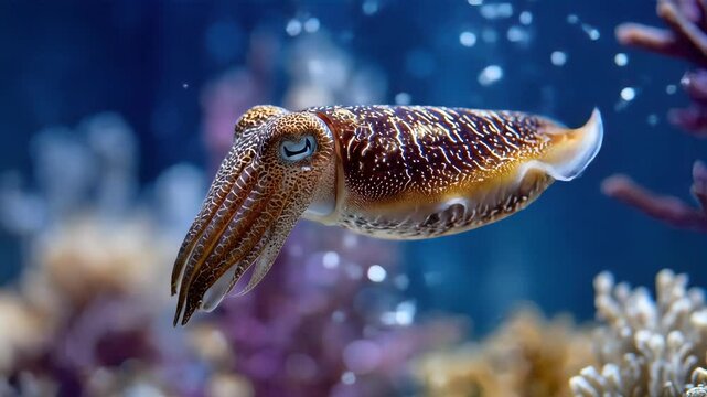 Graceful cuttlefish swims underwater amid colorful coral reef Exotic creature explores marine environment