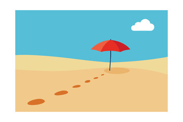 Beach Paradise Footprints Leading to a Red Umbrella on Sandy Shore