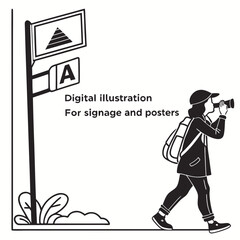 Tourist with backpack using binoculars near signpost