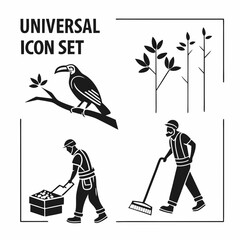 Universal icon set bird worker plants box broom