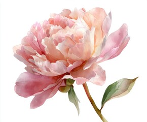 Watercolor Peony Flower Illustration - Delicate Pink Blossom on White Background for Botanical Art and Floral Designs (148 chars)